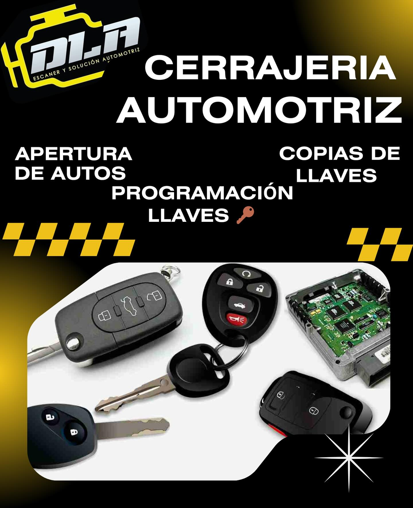 Imagen promocional de cerrajería automotriz con llaves, mandos y electrónica