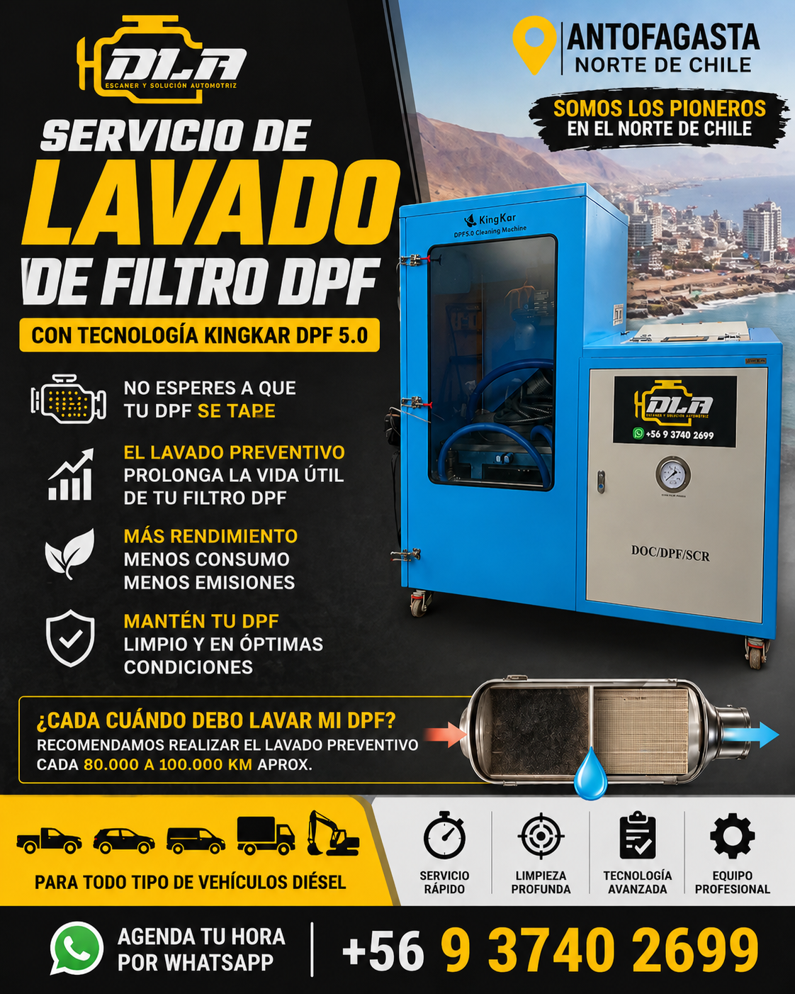 Información del servicio de lavado de filtro DPF con tecnología KingKar DPF 5.0 en Antofagasta