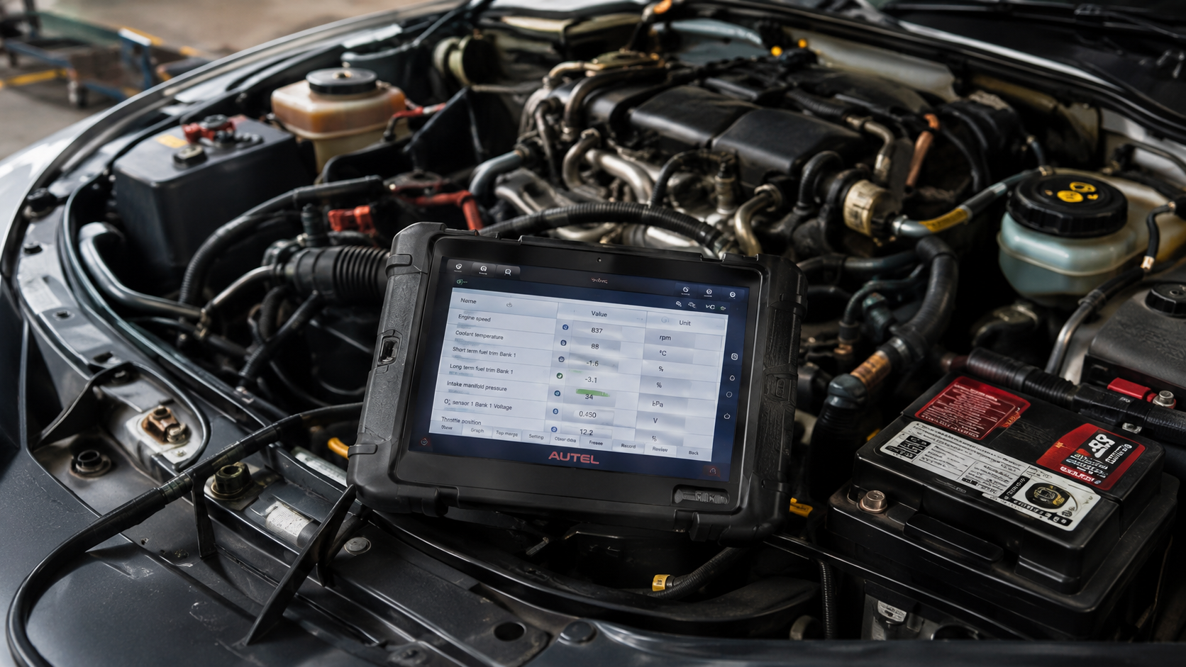Scanner automotriz realizando diagnóstico en un motor